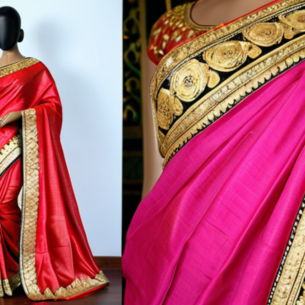 **Bangalore Silk Saree**:
   - "A vibrant and luxurious Bangalore silk saree draped elegantly on a mannequin, showcasing its soft texture and rich colors. The saree is adorned with intricate gold embroidery, set against a traditional Indian backdrop."