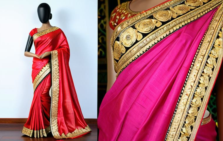 **Bangalore Silk Saree**:
- "A vibrant and luxurious Bangalore silk saree draped elegantly on a mannequin, showcasing its soft texture and rich colors. The saree is adorned with intricate gold embroidery, set against a traditional Indian backdrop."