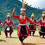 **Prompt:** A vibrant photograph capturing the traditional dance of a Garo tribe in Meghalaya, India. Focus on the colorful costumes and dynamic movements, set against the backdrop of the Garo Hills.