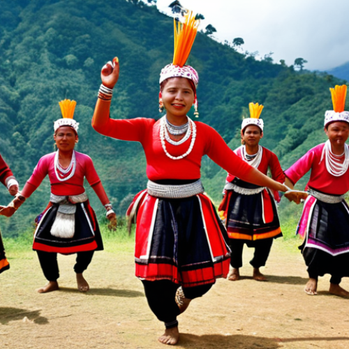 Home 8 **Prompt:** A vibrant photograph capturing the traditional dance of a Garo tribe in Meghalaya, India. Focus on the colorful costumes and dynamic movements, set against the backdrop of the Garo Hills.