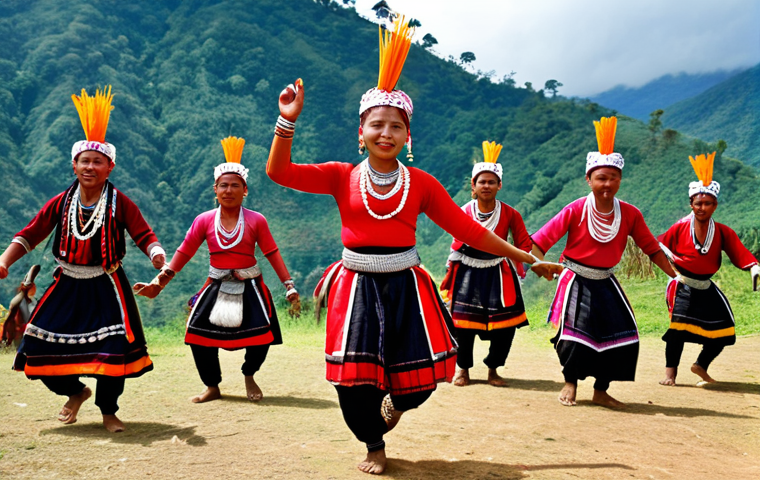 **Prompt:** A vibrant photograph capturing the traditional dance of a Garo tribe in Meghalaya, India. Focus on the colorful costumes and dynamic movements, set against the backdrop of the Garo Hills.